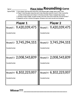 Preview of Rounding Place Value DICE GAME (to the billions place), math centers activity