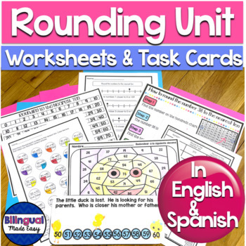 Preview of Rounding  Worksheets and Task Cards Bundle in English Spanish