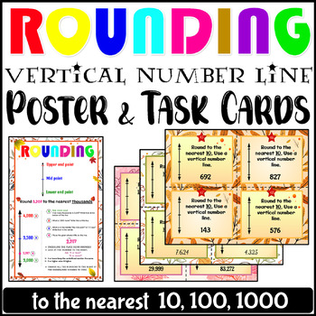 Preview of Rounding Vertical Number Line, to the Nearest 10, 100, 1000 Task Cards & Poster