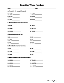 Preview of Rounding Whole Number Worksheet