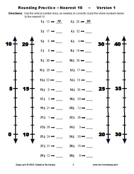 Preview of Rounding Whole Numbers to the Nearest 10 - Vertical Number Line Practice - FREE