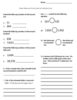 Preview of Rounding and Comparing Numbers Quiz