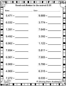 Rounding the Decimal up to 0.01 (2 Decimal Place) Worksheet Math Problems