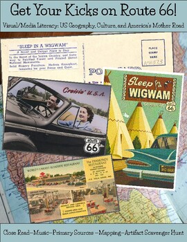 Preview of US Geography, Mapping, Media Literacy (postcards, songs, art, photo ) -Route 66!