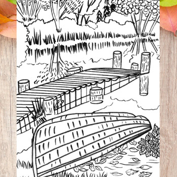 Preview of Rowing Boat Landscape Coloring Book Page For Teens and Adults