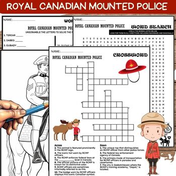 Preview of Royal Canadian Mounted Police Coloring Word Scramble Crossword & Wordsearch