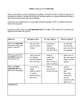 Preview of Rubric: Check for Understanding the Main Idea