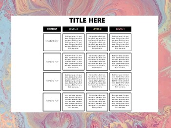 Preview of Rubric colourful, generic, blank, editable with Canva. 1- 3 grading scale