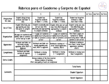 Preview of Rúbrica para Cuaderno y Carpeta de Español (Notebook and Folder Rubric)