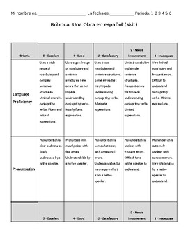 Preview of Rúbrica para una presentación (Rubric for a skit/play)