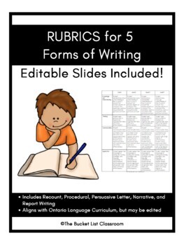 Preview of EDITABLE Rubrics for Five Forms of Writing - Ontario Curriculum Aligned