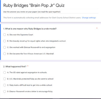 Preview of Ruby Bridges Quiz (Brain Pop Jr.) 5 questions