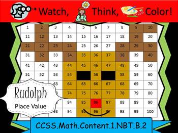 Preview of Rudolph Place Value Practice - Watch, Think, Color Game!