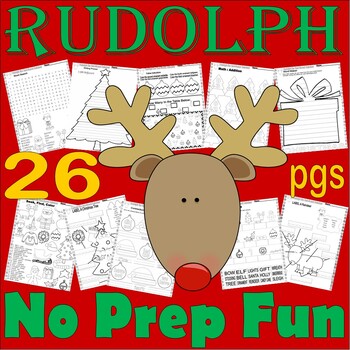 Preview of Rudolph the Red-Nosed Reindeer Christmas Fun Worksheets Math Labeling NO PREP