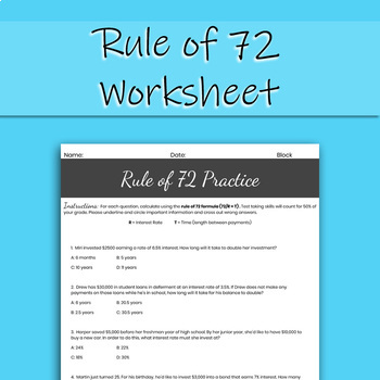 Preview of Rule of 72 Worksheet (Distance Learning Friendly)