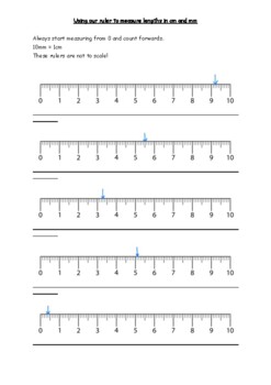 Ruler practice - Measuring lengths in cm and mm: Printable maths worksheet