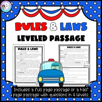 Preview of Rules and Laws - Leveled Passage & Questions (Printable)