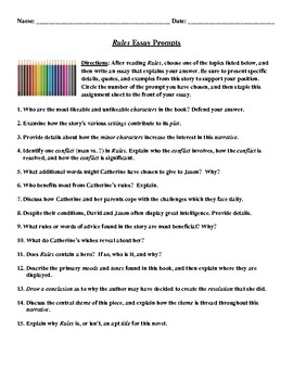 Preview of Rules by Cynthia Lord: Various Essay Prompts with Condensed Rubric