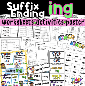 Preview of Rules of Adding Suffix Ending ING Worksheets, Poster, Activity
