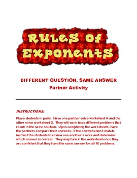 Preview of Rules of Exponents: Different Question, Same Answer Parter Activity
