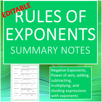 Preview of Rules of Exponents Summary Notes--Editable