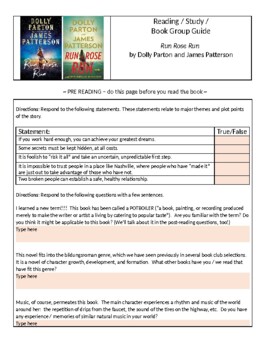 Preview of Run, Rose, Run - a book club study guide for Dolly Parton / James Patterson book