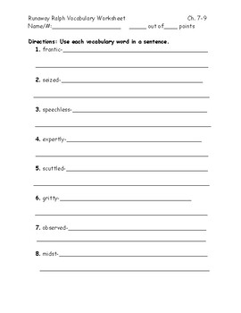 Runaway Ralph Vocabulary Worksheet Chapters 7-9 by Serving the Master ...