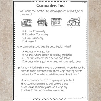 Rural, Suburban, and Urban Communities Test by Create Your Own Genius