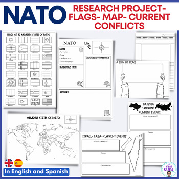 Preview of NATO Research project map and flag. Ukraine-Russia- Israel Gaza conflict