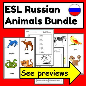 Preview of Russian to English ESL Animals Bundle: Flashcards, Writing Worksheets, Speaking