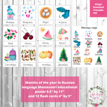Preview of Russian Language Vocabulary Months of the Year Seasons Flash Cards and Poster