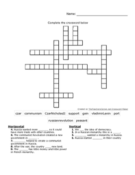 Russian Revolution Crossword Version 1 by Conley #39 s Cool ESL TPT