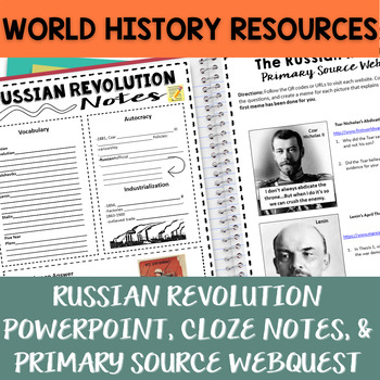 Preview of Russian Revolution PowerPoint, Cloze Notes, and Primary Source Webquest