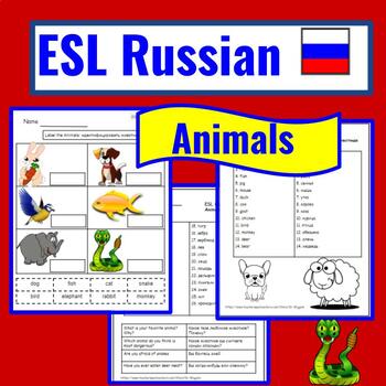Preview of Russian to English ESL Newcomer Activities: Animals Worksheets-Vocab-Questions