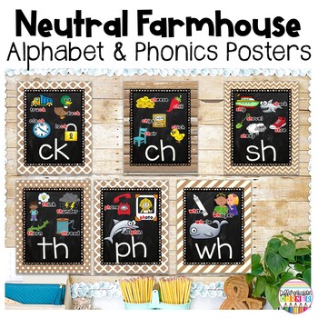 Preview of Farmhouse Neutral Alphabet Posters, Phonics Posters Vowel Valley Wall SOR