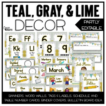 Preview of Teal, Gray, and Lime Classroom Decor - Editable