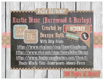 Preview of Rustic Farmhouse Decor {Barnwood & Burlap} Editable Classroom Decor Pack