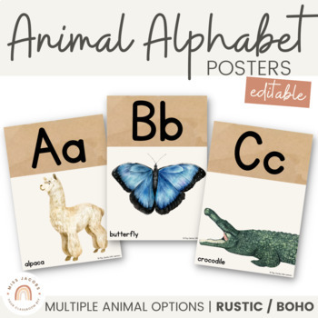 Preview of Vintage Alphabet Posters with Animal Images | Editable Retro Classroom Decor