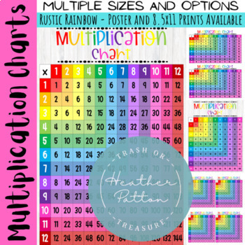 Preview of Rustic Rainbow Multiplication Table Charts Facts 10x10 & 12x12 Times Tables