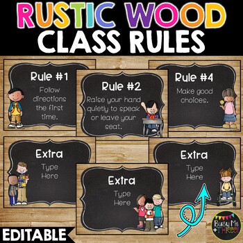 Preview of Rustic Wood Editable Rule Posters and Signs for Classroom Management Rules
