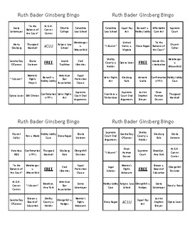 Preview of Ruth Bader Ginsberg Bingo - (100) Different Cards - Just Print, Cut, & Play!