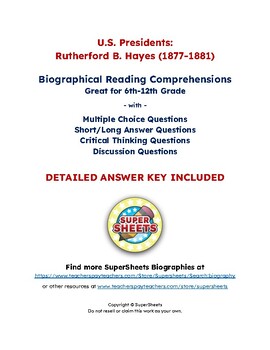 Preview of Rutherford B. Hayes Biography: Reading Comprehension & Questions w/ Answer Key