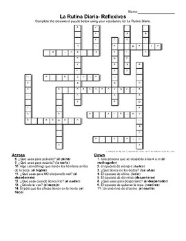 Rutina Diaria / Reflexives Crossword Puzzle by Viviana Bailey | TPT
