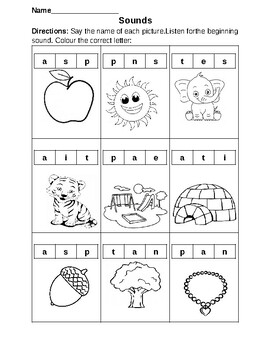 Preview of S,A,T,P,I,N worksheet- Color the beginning letter for each picture
