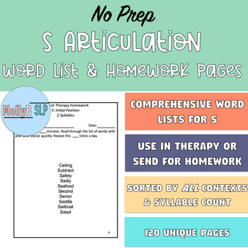 Preview of Articulation S Word Lists for Homework and Speech Therapy