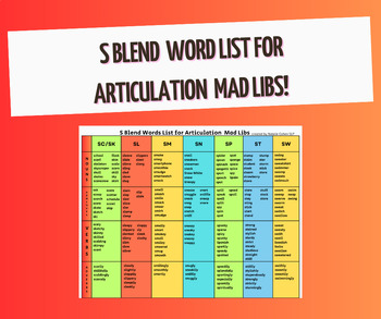 Preview of S Blend Word List Mad Libs Key for Articulation Mastery! 