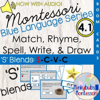 Preview of S Blends Blue Language Boom Cards Label Rhyme Spell Draw Activities