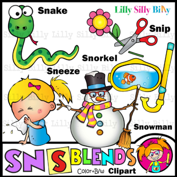 Preview of S Blends (Sn) - B/W & Color clipart. {Lilly Silly Billy}