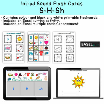 Preview of S - H - Sh Flash Cards for Memory or Sorting & Easel Sort