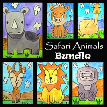 Preview of SAFARI ANIMALS BUNDLE | 6 Directed Drawing & Watercolor Painting Art Projects